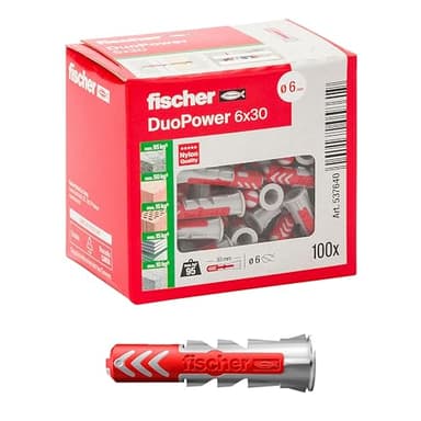 Fischer DuoPower 537640 - Tacos de 6 x 30 mm para pared completa, ladrillo perforado, cartón yeso, 100 unidades
