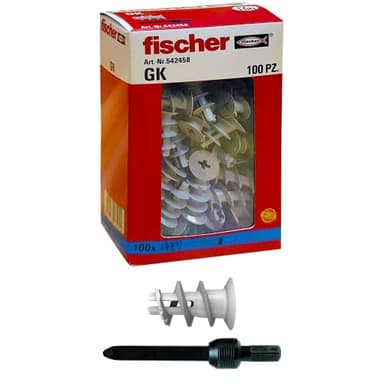 Fischer 542458, 100 tacos GK, específicos para cartón yeso, incluye accesorio de montaje, gris, 100 unidades