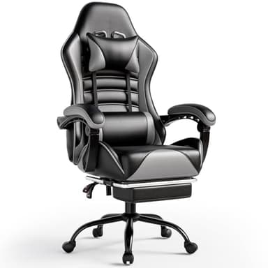 HOTOSYCH Sillas Gaming con Reposapies, Silla Gamer Adulto con Respaldo Lumbar, Silla Escritorio Gaming Ajustable en Altura, Silla Ordenador en Piel Sintética (Cojín Lateral, Gris)
