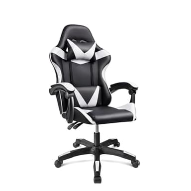 duehome | Silla Gaming Ergonómica Reclinable con Cojín Lumbar y Cervical, Ruedas 360°, Modelo Viper, Acabado en Negro y Blanco, Medidas: 56 cm (Ancho) x 53 cm (Largo) x 117-128 cm (Alto)