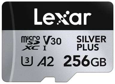 Lexar Silver Plus - Tarjeta Micro SD de 256 GB de hasta 205 MB/s, Tarjeta de Memoria Flash MicroSDXC UHS-I con Adaptador, C10, U3, A2, V30, Full HD, 4K UHD, Tarjeta TF de Alta Velocidad para dron