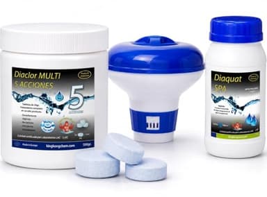 Kit Cloro Piscinas Pequeñas DIACLOR Multi 5 ACCIONES 500 GR (Pastillas 20 GR) SIN Cobre + Antialgas DIAQUAT SPA 500 ML + DOSIFICADOR