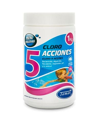 Tamar Cloro 5 Acciones, Tabletas Multifuncion de 20 grs, Especial para Mini Piscinas, 1 Kilo