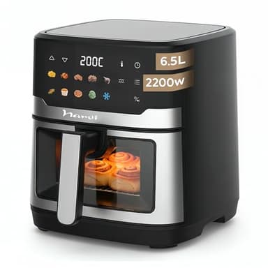 Narvi Freidora de Aire Doble Resistencia 6 5L - 2200W - Ventana Visible - 10 Menús - Cocción sin Girar Alimentos - 80–200°C - Panel Digital Táctil Apta para Lavavajillas sin BPA ni PFOA