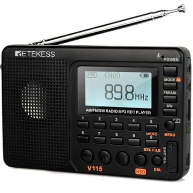 Retekess V115 Radio Portátil Pequeña,FM Am SW Radio Pequeña,Radios Pequeñas Digitales con MP3,SD/TF/USB,3 Modos de Grabación,Tiempo de Sueño,Pantalla LCD,Familia, Caminar, Emergencia, como Regalo