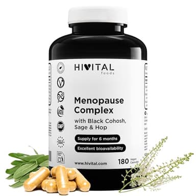 Menopausia Complex. 180 cápsulas veganas para 6 meses de tratamiento. Con Extracto Natural de Salvia, Cimicífuga y Lúpulo. Fabricado en España por HIVITAL