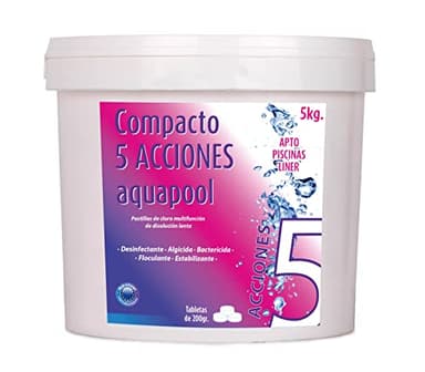 Compacto 5 ACCIONES AQUAPOOL (5 KG) - Pastillas de Cloro multifunción - Disolución Lenta - Apto Piscinas Liner