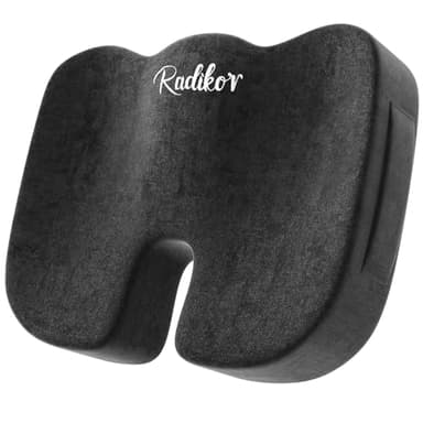 Radikor Cojin Coxis, Cojin Silla Oficina, Cojin Ortopedico Ergonómico, Fabricado en Espuma con Memoria, con Base Antideslizante, Alivia el Coxis, Negro