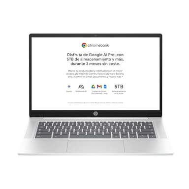 HP Chromebook - Ordenador portátil de Google 14" FHD (Intel N100, 8GB RAM, 128GB eMMC, ChromeOS) + Suscripción Google AI Pro con Gemini Pro y 5TB de Almacenamiento Durante 3 Meses - QWERTY Español