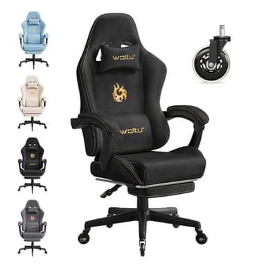 WOLTU Silla Gaming con Soporte Lumbar, Silla Oficina Ergonómica con Cabeza y Reposapiés, Sillón Trabajo Giratorio con Gran Asiento y Ruedas, Tela de Ante, Negro