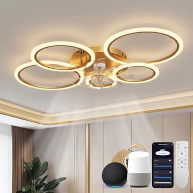 ycwdcz Lampara Ventilador Techo Led Compatible con Alexa, Google Assistant, Anillo Ventiladores de Techo con Luz Silencioso, Regulable, 6 Velocidades, Motor DC, Modo Verano/Invierno