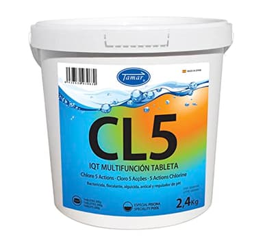 Tamar Cloro 5 Acciones,Tabletas Multifuncion 200 grs,biocida multiacción,Pastillas de disolución Lenta,Mantenimiento Agua Piscina,desinfectante,clarificante,alguicida,regulador pH y antical 2,4 Kilos