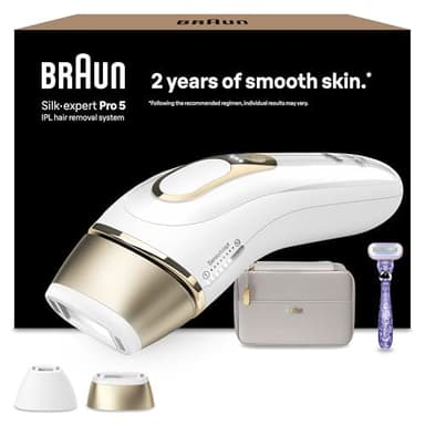 Braun Depiladora Luz Pulsada Silk·expert Pro 5 Alternativa a Depiladora Laser, IPL, con Funda, Cabezal de Precisión Y Maquinilla Venus, Eliminación del Vello en Casa, PL5157, Blanca/Dorada