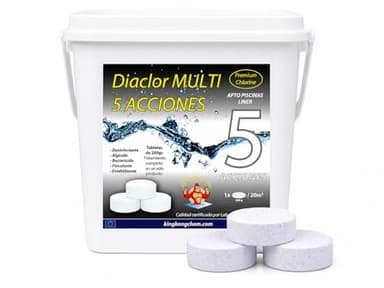 DIACLOR Multi 5 ACCIONES 5 KG - Pastillas de Cloro para Piscinas envasadas Individualmente - 25 Pastillas de Cloro Lento (200 gr- 7,5 cm Diámetro) - Tratamiento Completo 5 Efectos - SIN Cobre -