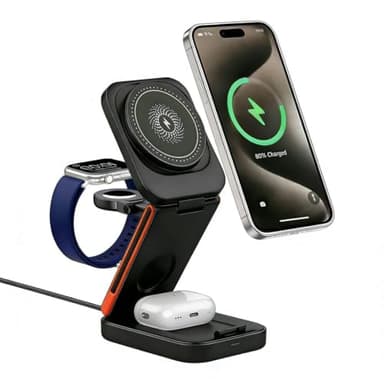 Cargador Inalámbrico 3 en 1 Plegable para iPhone 17/16/15/14/13/12, Apple Watch Ultra/9/8/7/6/SE y Auriculares, Estación de Carga Rápida 15W con Luz Nocturna y Base Antideslizante de Viaje