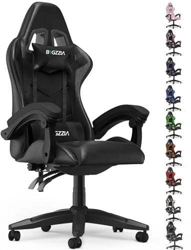 bigzzia Silla Gaming,Silla Ergonómica de Oficina en Cuero PU,Regulable en Altura con Soporte Lumbar y Reposacabezas,Respaldo Reclinable 155°,Silla Gamer Adulto Niño(Negro)