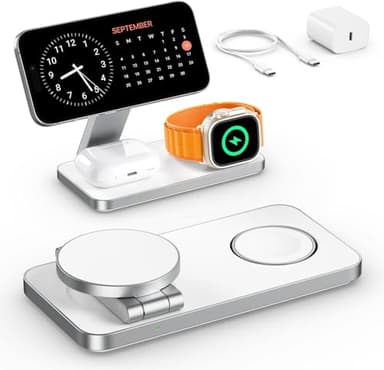 Cargador inalámbrico con Mag-Safe, estación de carga iPhone 3 en 1 para Apple Watch, cargador inalámbrico inductivo para iPhone 17e 17 16 15 14 13 12 Air, Apple Watch, AirPods Pro con adaptador rápido