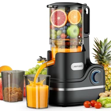 AIRMSEN Extractor de Zumos y Verduras 147MM Apertura Extractor, Capacidad de 2,1 L, Extractor de Jugo Prensado en Frío, Motor de 300 W, Licuadora Silenciosa y Eficiente, Fácil de Limpiar Negro