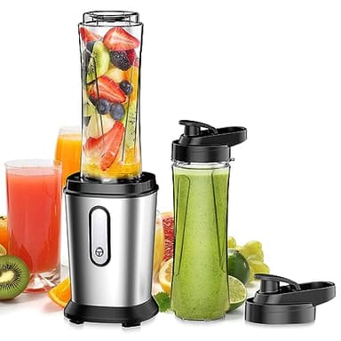 Batidora de Vaso, 500W Mini Portatil Batidora de Vaso Smoothies Individual con 2 Botellas de 600 ml de Plástico Tritan, Licuadora para Zumos, Batidos, Verduras, Frutas