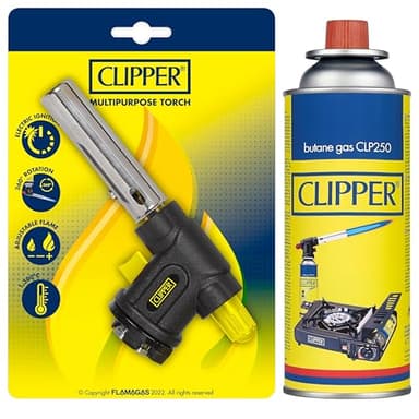 Clipper - Soplete Multiusos + Cartucho de 400ml de Gas Universal | Válvula GLP250 | Ideal para Flamear, Caramelizar y usar en Barbacoas | Cocina & Acampada