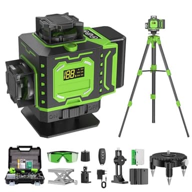 Nivel Laser Autonivelante 360 Grados, Nivel Láser Verde 16 Líneas, 2 x 360 Horizontal y 2 x 360 Verticales, 2 x Batería, Montaje en Pared, Control Remoto, Base Magnética, Soporte Giratorio