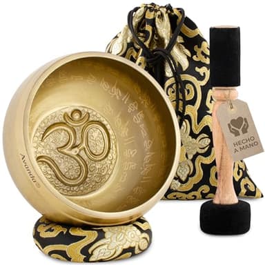 Juego de Cuenco Tibetano Om para Yoga, Meditación y Relajación - Cuenco Tibetano Pintado a Mano Ø 16 cm, Mazo Doble con Fieltro y Cuero, Cojín Anular, Bolsa e Instrucciones