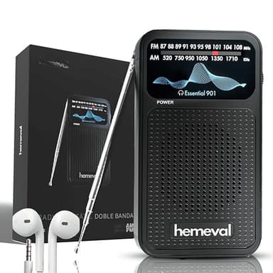 HEMEVAL Radio Portátil a Pilas FM/Am Pequeña con Auriculares – Transistor de Bolsillo Sencillo, Fácil de Usar y con Buena Señal – Radio Compacta para Emergencias, Viajes y Camping (Negro)