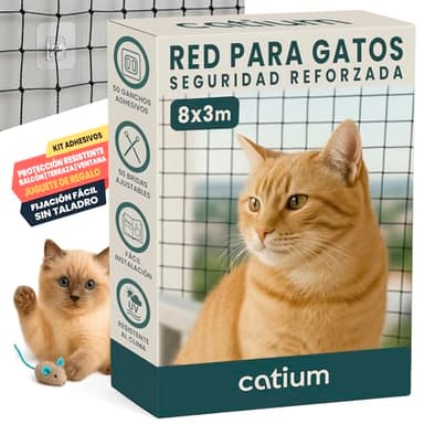 Red Para Gatos 8x3m Seguridad Reforzada Ideal Balcón Ventana Terraza Protección Exterior Interior Malla Antidesgarro Duradera Montaje Kit Completo Ganchos Adhesivos Bridas Juguete Regalo (8x3 metros)