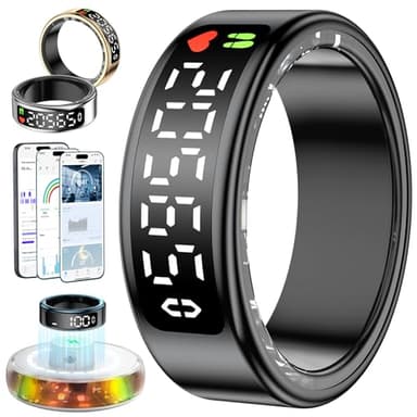 2026 Anillo Inteligente Hombre Mujer, Smart Ring con Pantalla LED, Health Fitness Ring Tracker IP68, Smartring con iOS y Android para Monitorear el Sueño/Pulsometro/SpO2/Estrés/HRV (Negro, 13)