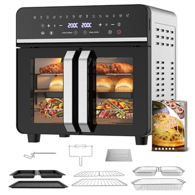 Freidora de Aire 23L XXL Mini Horno con Puertas Francesas, 2600W Air Fryer Dual Zone con Smart-Touch, Sync Finish, 15 Programas, Recetario & 13 Accesorios Inclusos, Metal