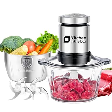 Kitchen in the box Picadora Eléctrica 400W, 2 Velocidades, 2 Cuencos de 2L: Vidrio + Acero Inoxidable, Cuchillas de Doble Nivel, Trituradora de Alimentos para Carne Verduras Frutos Secos