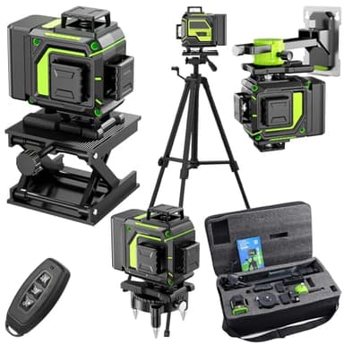 Nivel Laser Autonivelante 360 Grados con Trípode, Nivel Láser Verde 16 Líneas, 2 x 360 Horizontal y 2 x 360 Verticales, 2 x Batería, Montaje en Pared, Control Remoto, Base Magnética, Soporte Giratorio