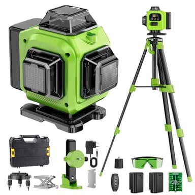 Nivel Laser Autonivelante 360 Grados, Nivel Láser Verde 16 Líneas, 2 x 360 Horizontal y 2 x 360 Verticales, 2 x Batería, Montaje en Pared, Control Remoto, Base Magnética, Soporte Giratorio, Trípode