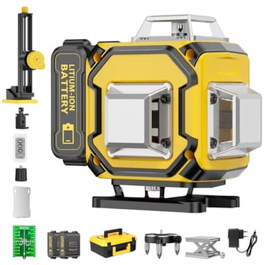 Nivel Laser Autonivelante 360 Grados, Nivel Láser Verde 16 Líneas, 2 x 360 Horizontal y 2 x 360 Verticales, 2 x Batería, Montaje en Pared, Control Remoto, Base Magnética, Soporte Giratorio