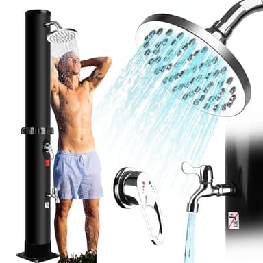 Ducha Solar Exterior 40 litros - Ducha Exterior Jardin Piscina con Rociador Giratorio y Grifo de pie, Temperatura Ajustable Hasta 60°C, Ducha de jardín para Piscina Patio, sin Conexión Eléctrica