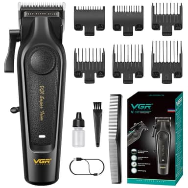 VGR 197 Maquina de Cortar Pelo Hombre Profesional con Palanca Ajustable, Clipper Maquina Pelo con Cuchillas de Cerámica, Cortapelos Profesional Inalámbrico con 6 Peines Guía, Carga USB y Luz LED