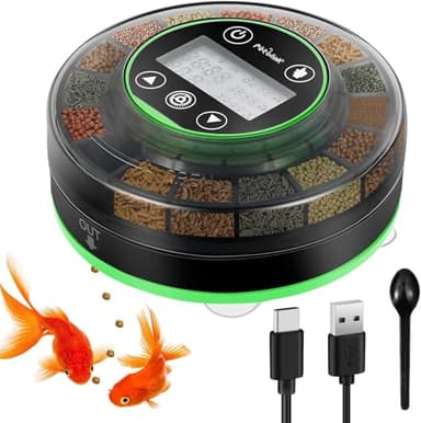 Petbank Alimentador Automático de Peces para Acuario, Dispensador Automático de Comida con Temporizador, Alimentador con Temporizador Recargable, con Cable USB, Pantalla LCD